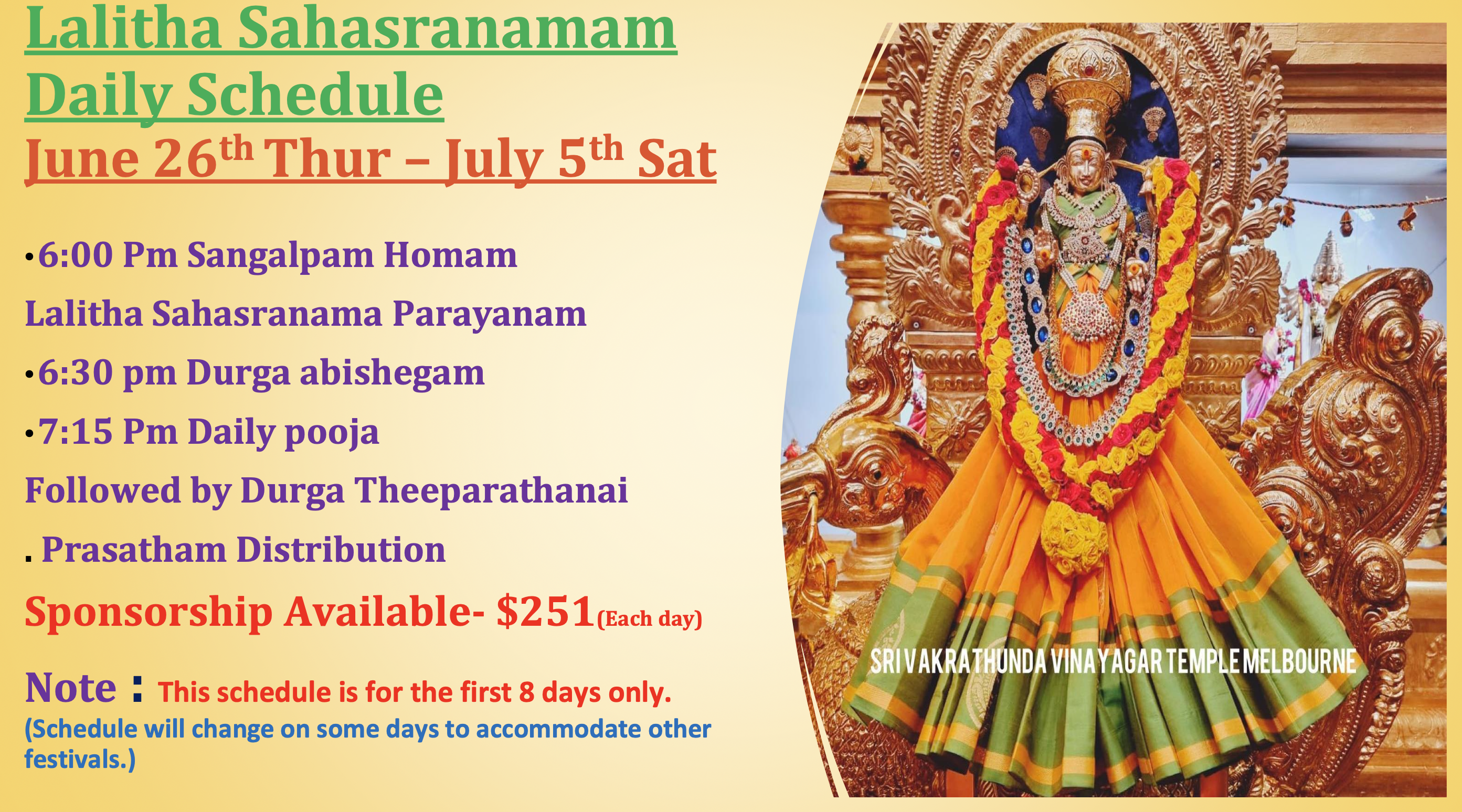 Lalitha Sahasranamam Daily Schedule – (June 26th to July 5th)